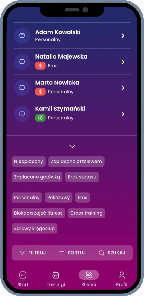 a screenshot of a clients tab in Fituaro app