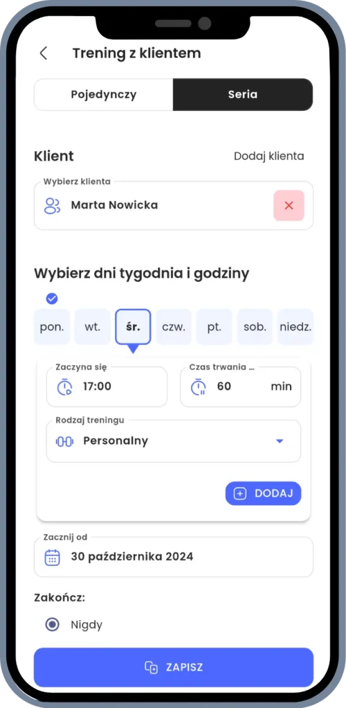 a screenshot of adding a new series of trainings in Fituaro app